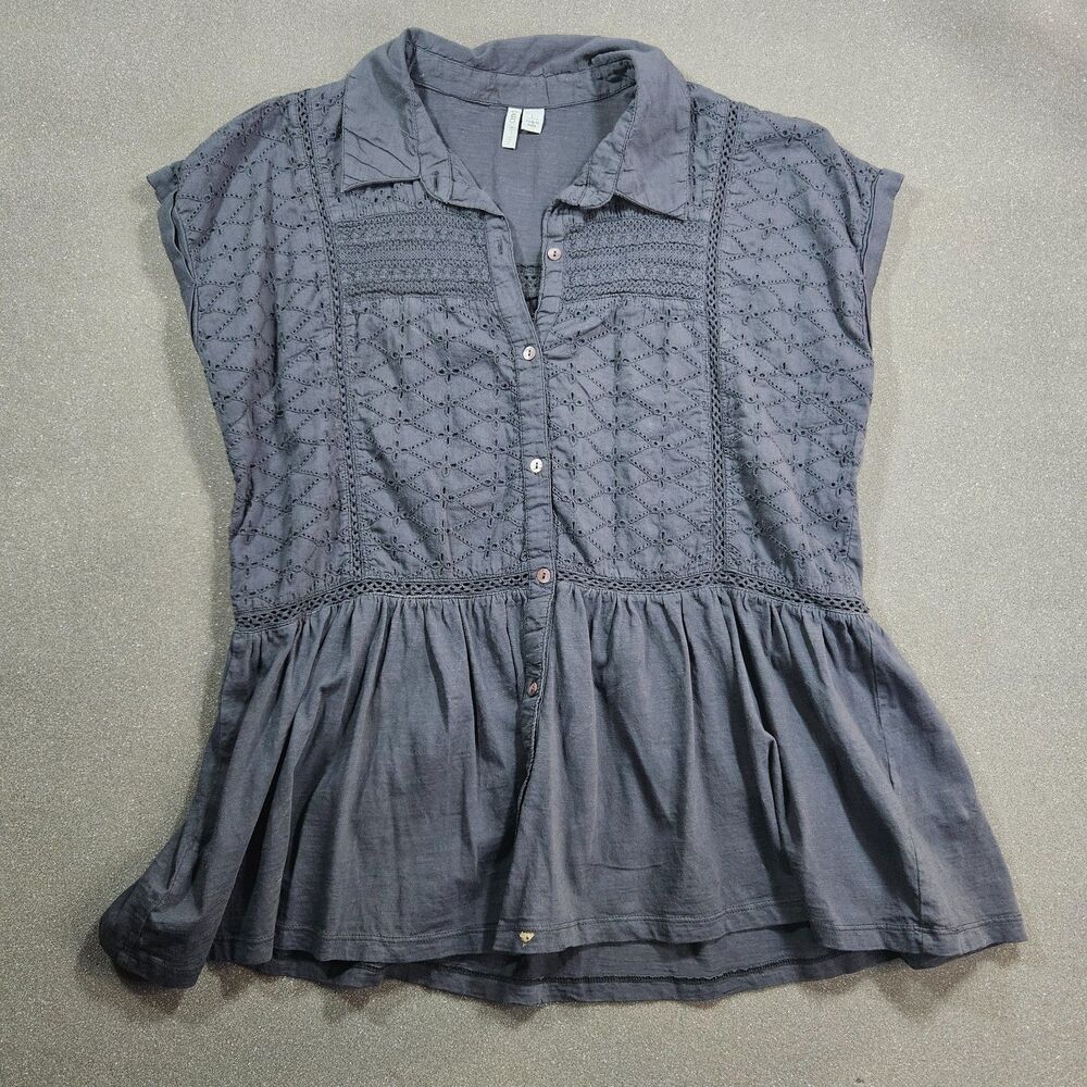 Cato Eyelet Peplum Blouse Blue Gray Button Front Boho Top